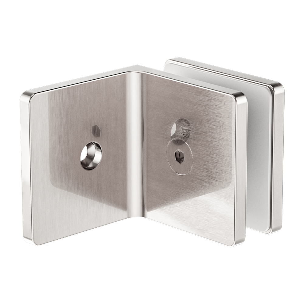 90 DEGREE GLASS TO WALL BRACKET 10MM GLASS BRUSHED NICKEL