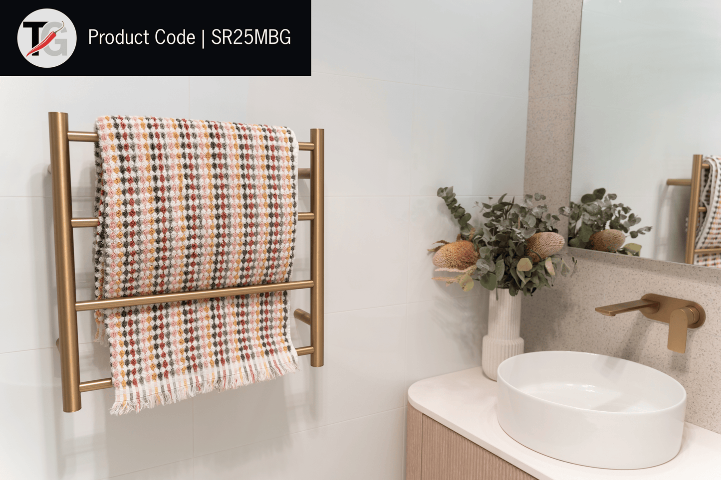 SR25MBG Brushed Gold Round Ladder Heated Towel Rail