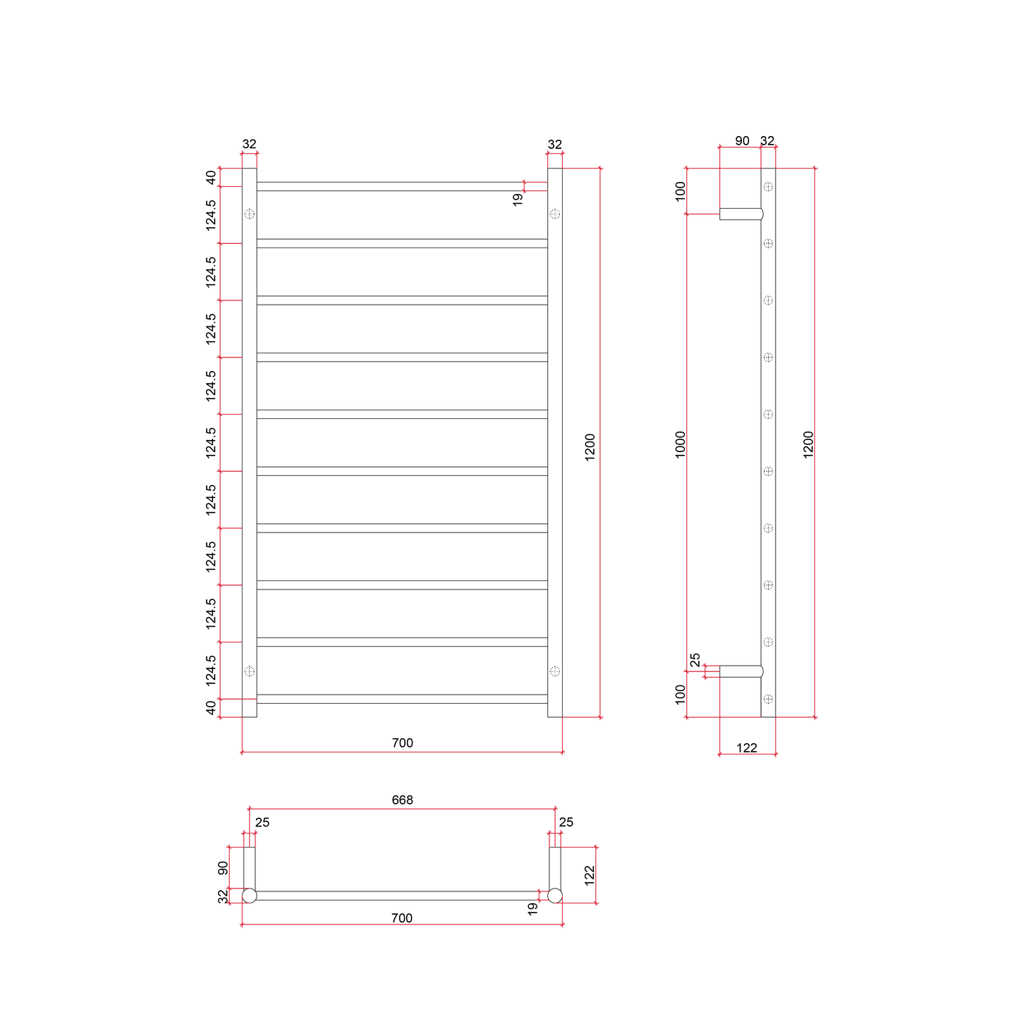 SR69MBB Brushed Brass Straight Round Heated Ladder Rail