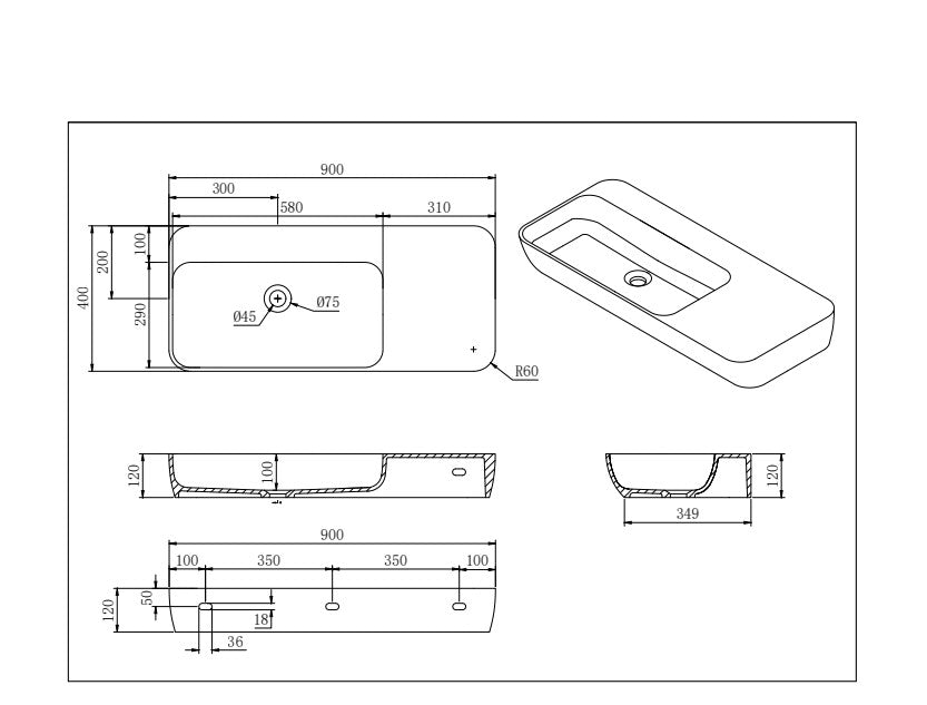 Roccia Solid Surface Stone Wall Hung Basin LK-SRW900-MW