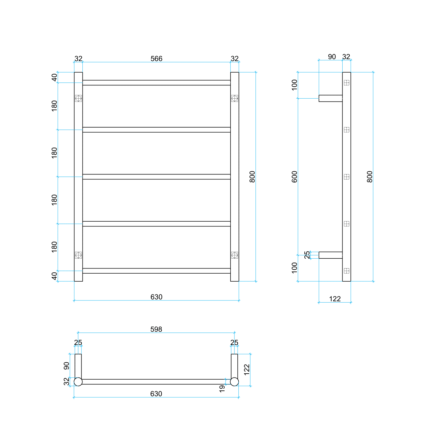 USR54B Matt Black Straight Round Ladder Towel Rail