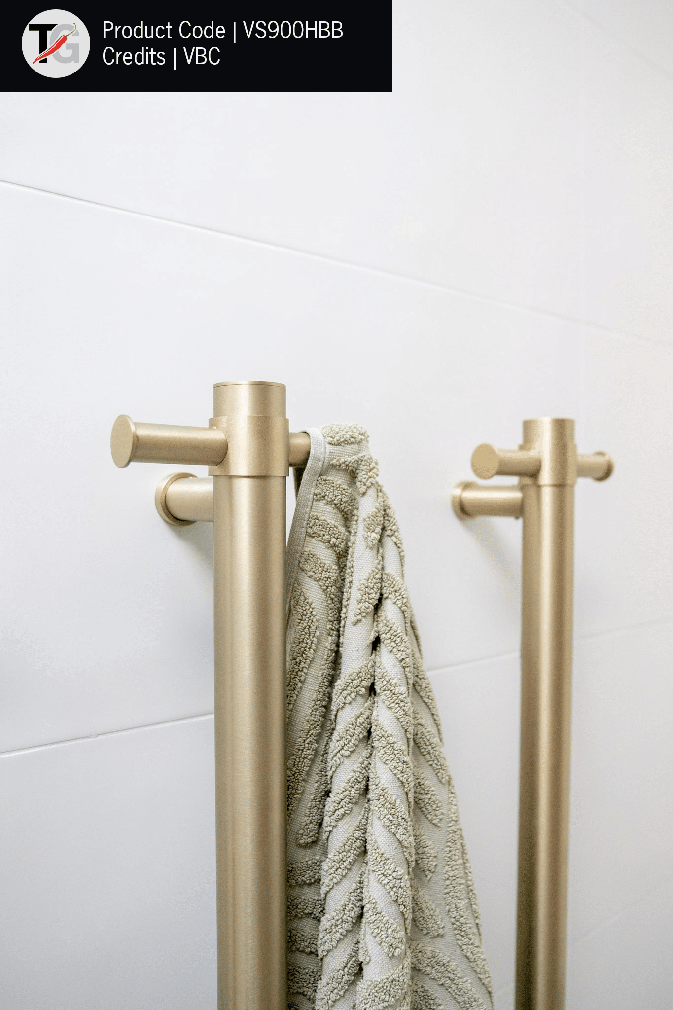 VS900HBB Brushed Brass Round Vertical Single Heated Towel Rail