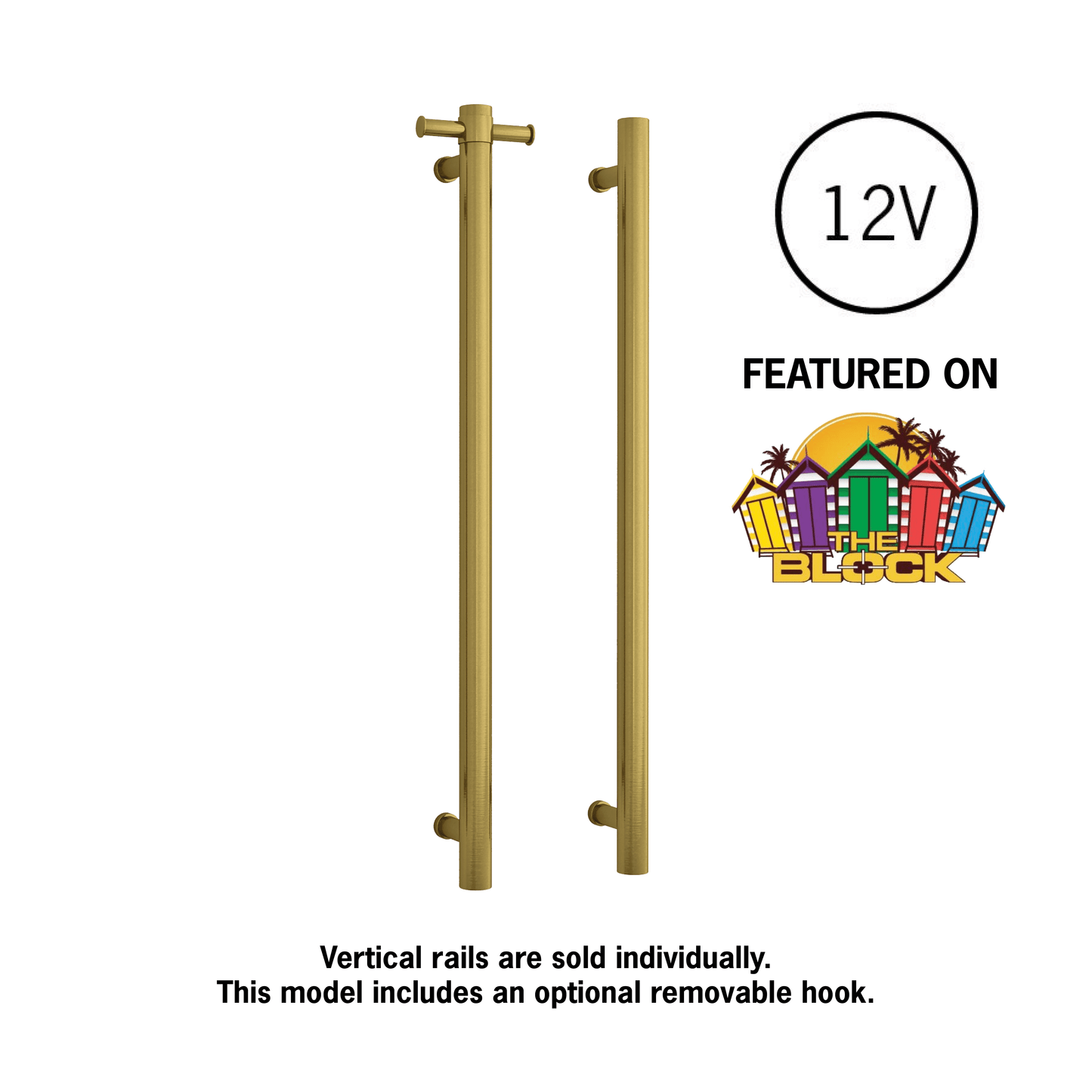 VS900HBG Brushed Gold Round Vertical Single Heated Towel Rail