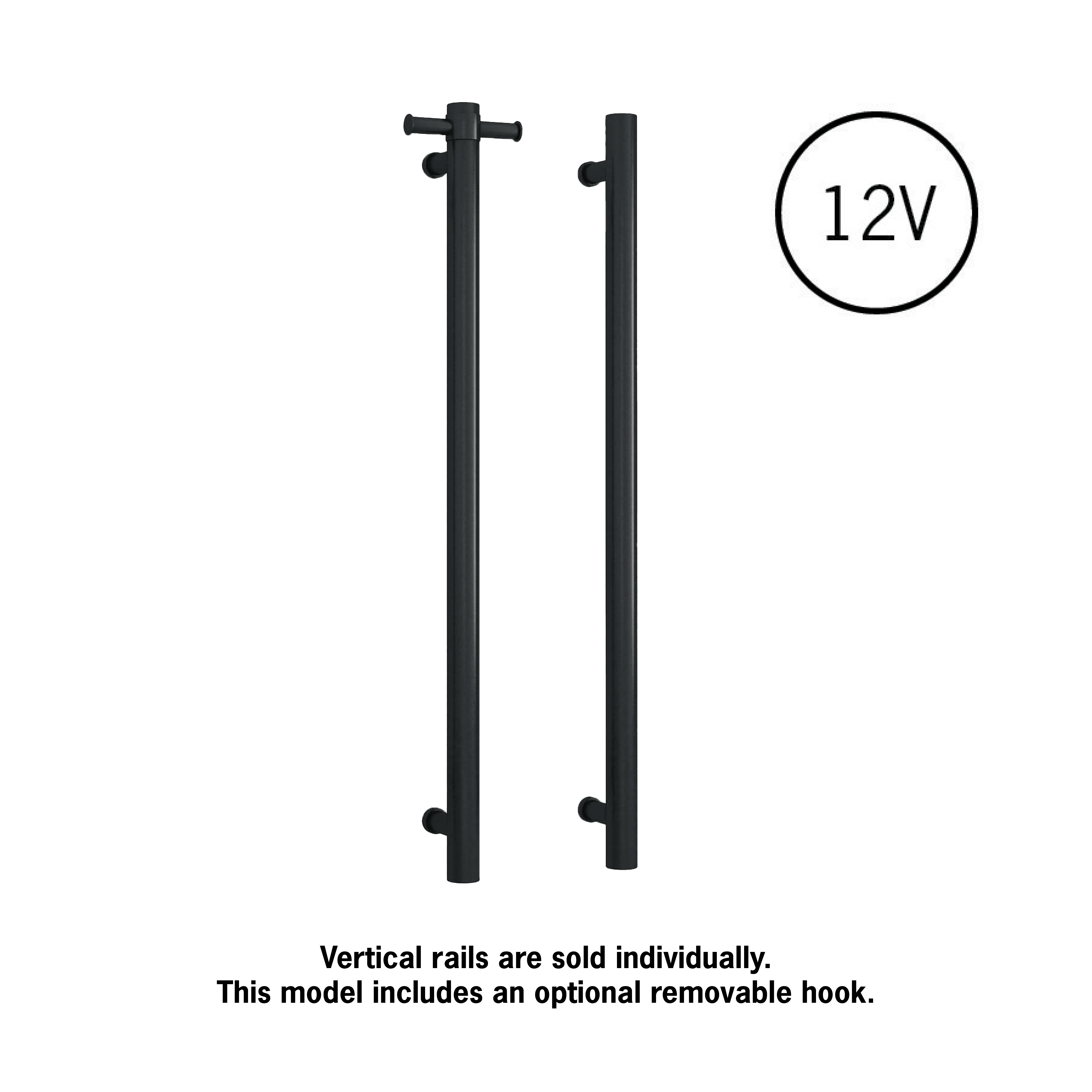 VS900HB Matt Black Round Vertical Single Heated Rail