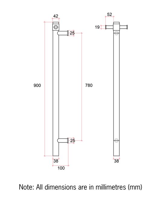 VS900HPL Straight Round 12V Vertical Single Polished Heated Towel Rail