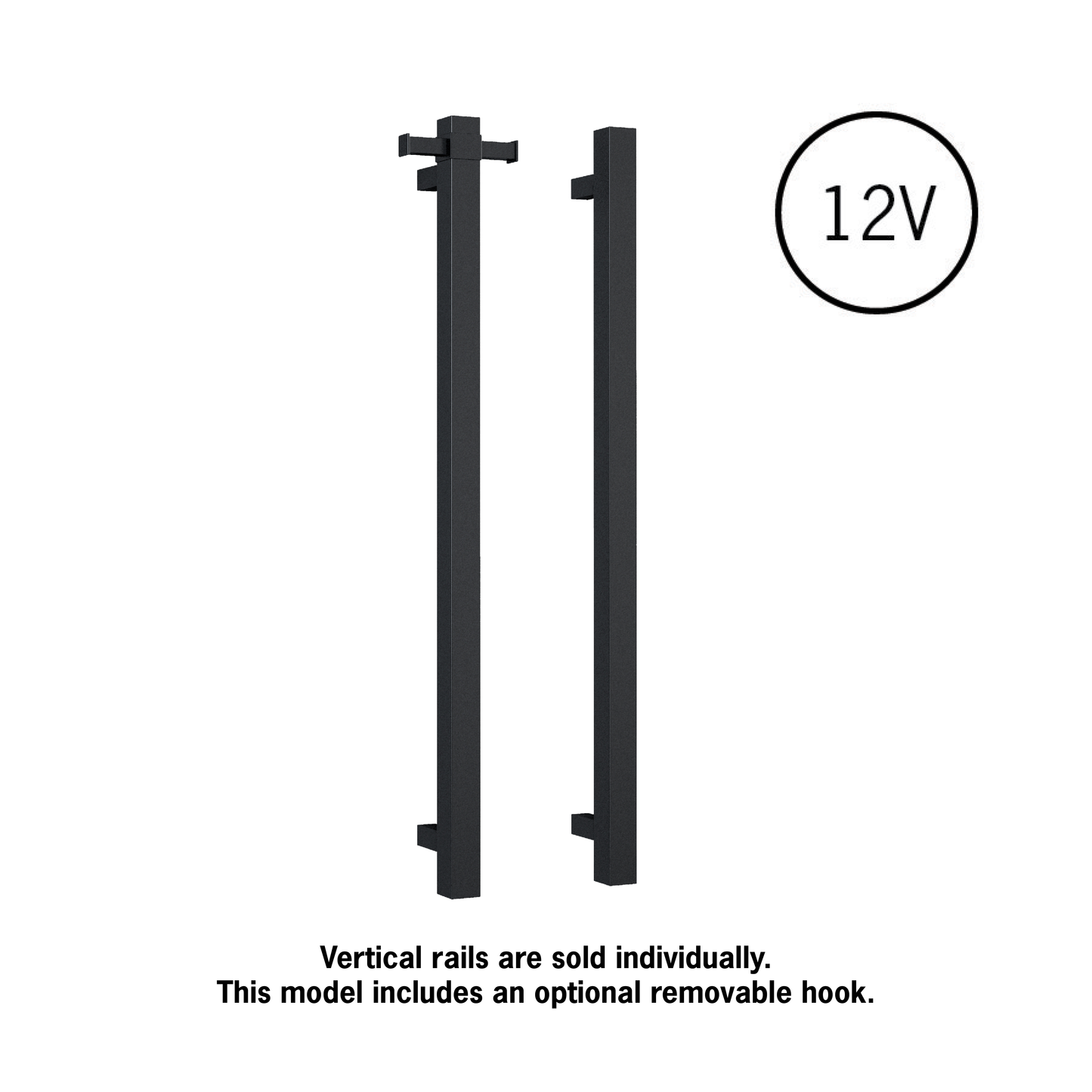 VS900SHB Matt Black Square Vertical Single Bar Heated Towel Rail