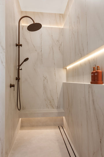 Round Gooseneck Shower Set With 300MM Rose, Three-Function Hand Shower — PVD Lustre Bronze, Hand Held Showers