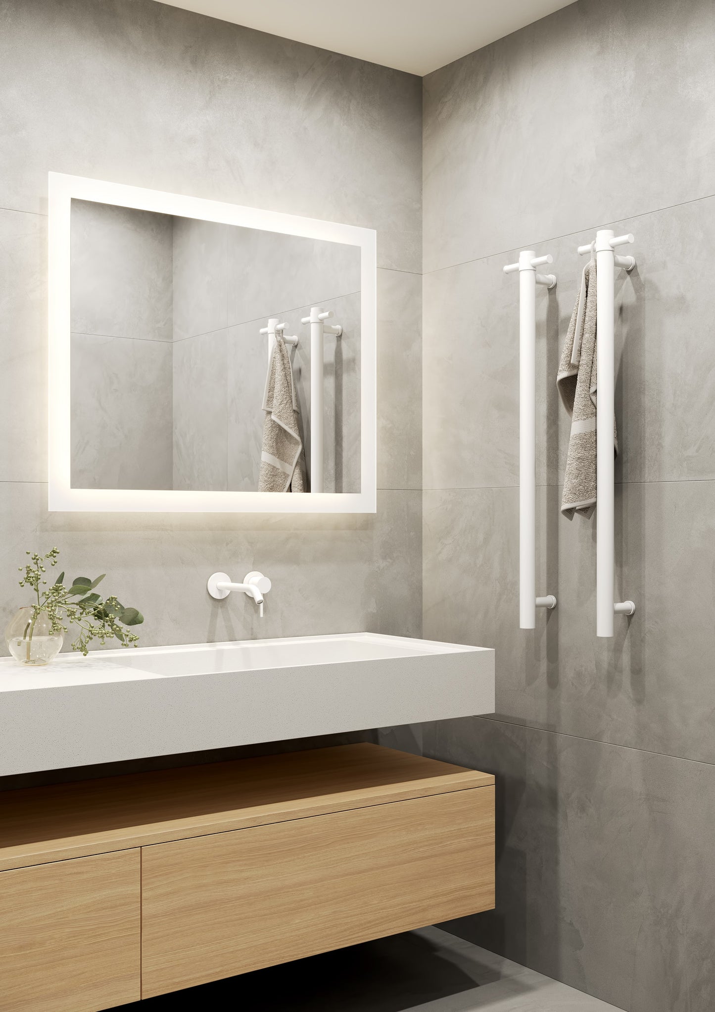 VS900HMW Matt White Straight Round Vertical Single Heated Towel Rail