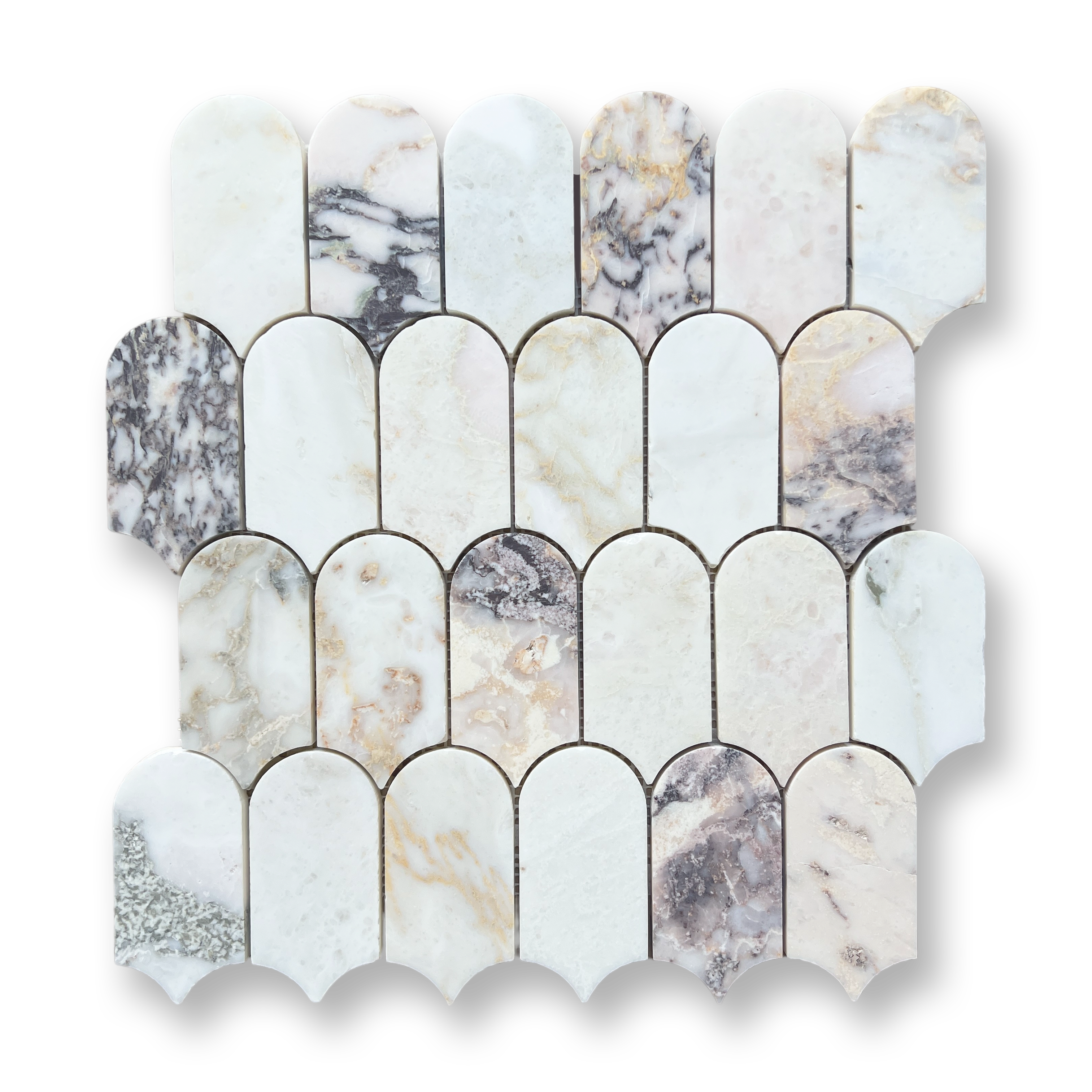 Avalon Viola Oro Natural Stone Arch Mosaic Tile — White, Marble, Stone