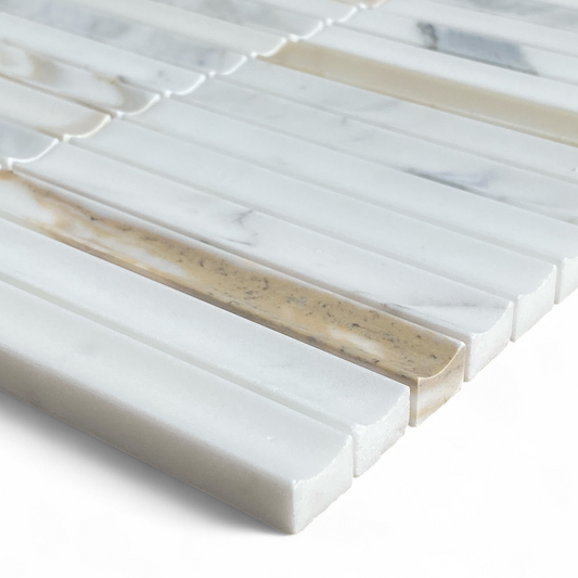 Bronte Calacatta Gold Marble Concave Mini Flute Mosaic Tile — White, Marble, Stone
