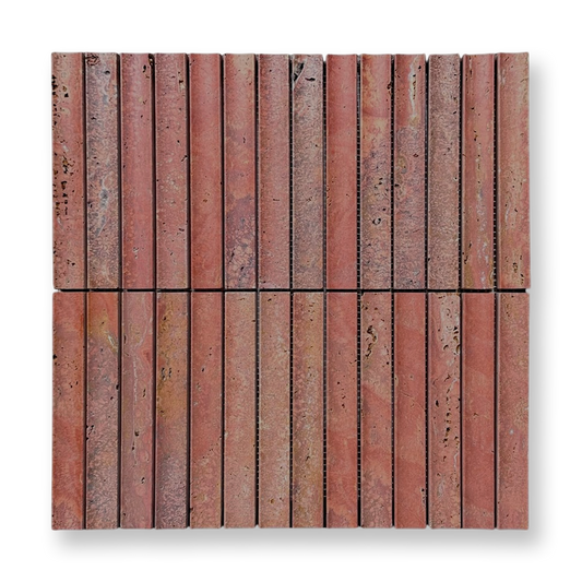Bronte Rosa Travertine Natural Stone Concave Flute Mosaic Tile — Red, Travertine, Stone