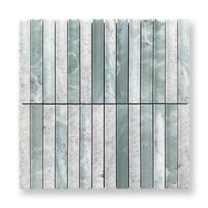 Bronte Verdi Cristallo Natural Stone Concave Mini Flute Mosaic Tile — Green, Quartzite, Stone
