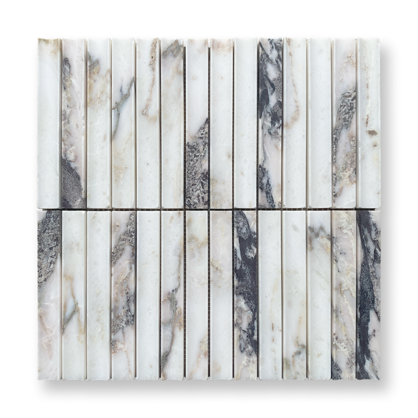 Bronte Viola Oro Marble Concave Mini Flute Mosaic Tile — White, Marble, Stone