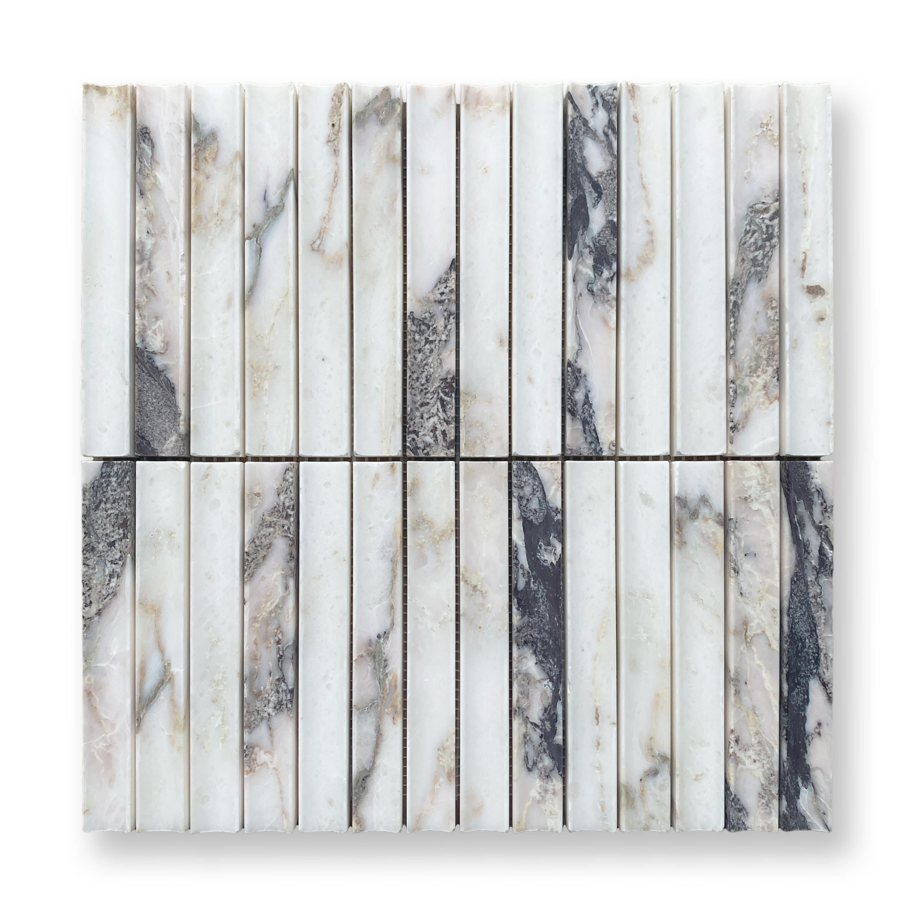 Bronte Viola Oro Marble Concave Mini Flute Mosaic Tile — White, Marble, Stone