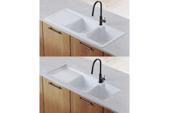 Cuisine 116 x 50 Inset / Undermount Fine Fireclay Gloss White Sink - Double Bowl and Single Drainer