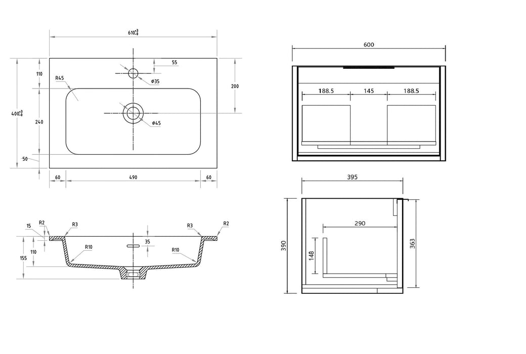 Capture Ensuite 600mm Wall Hung Vanity