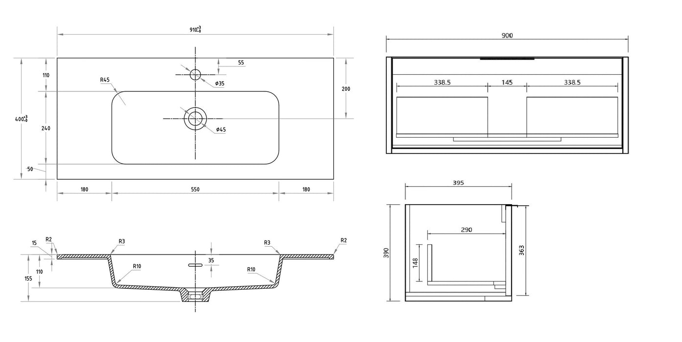 Capture Ensuite 900mm Wall Hung Vanity