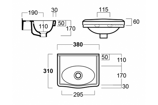 Claremont 38 x 31 Wall Hung Basin Without Tap Hole