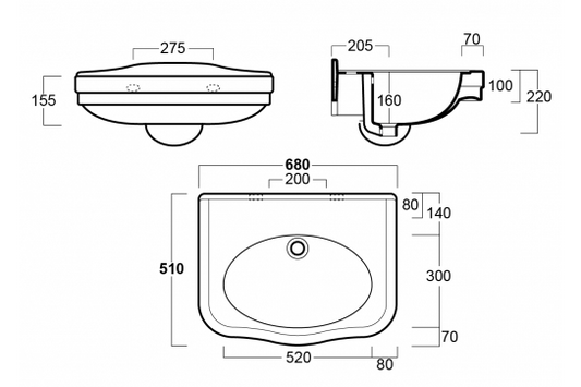 Claremont 68 x 51 Wall Hung Basin Without Taphole
