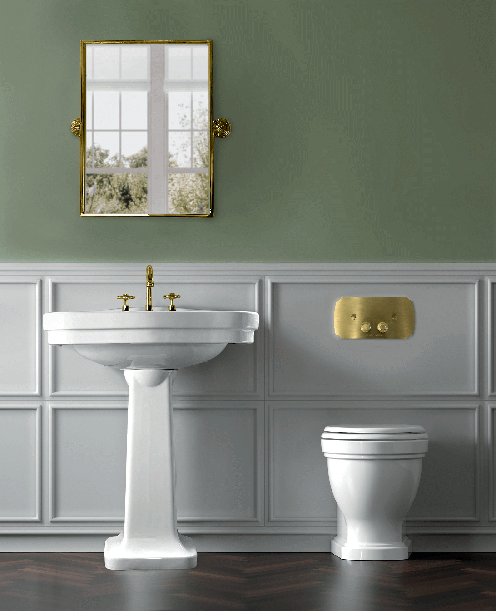 Package - Claremont Floor Mounted Pan & Seat + Geberit In-wall Cistern + Traditional Flush Plate