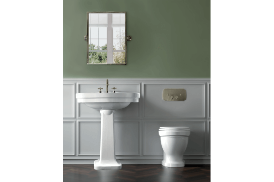 Package - Claremont Floor Mounted Pan & Seat + Geberit In-wall Cistern + Traditional Flush Plate