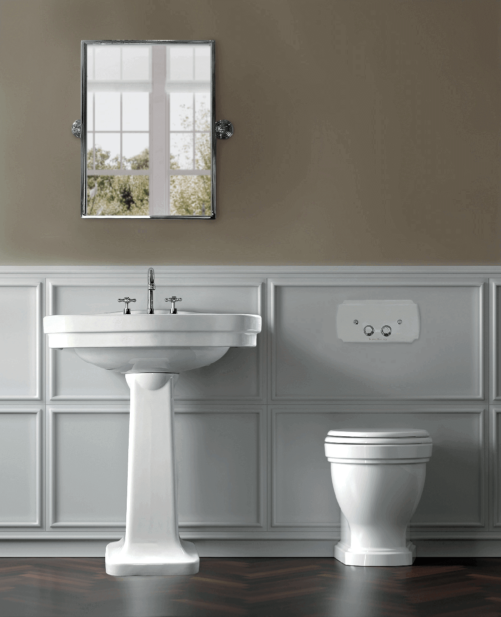 Package - Claremont Floor Mounted Pan & Seat + Geberit In-wall Cistern + Traditional Flush Plate