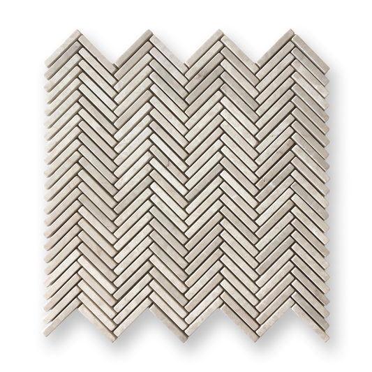 Clovelly Botticino Marble Herringbone Mini Mosaic Tile — Beige, Marble, Stone