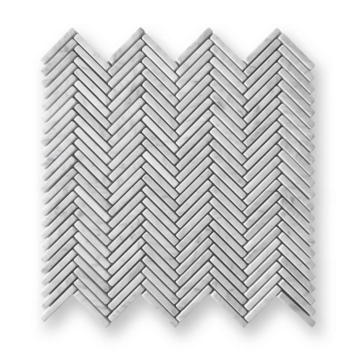 Clovelly Carrara Marble Herringbone Mini Mosaic Tile — White, Marble, Stone