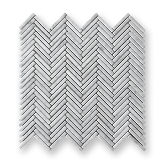 Clovelly Carrara Marble Herringbone Mini Mosaic Tile — White, Marble, Stone