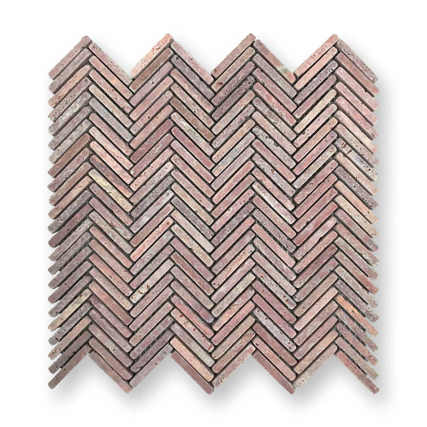 Clovelly Rosa Travertine Natural Stone Herringbone Mosaic Tile — Red, Travertine, Stone