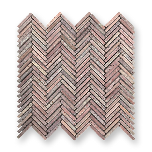 Clovelly Rosa Travertine Natural Stone Herringbone Mosaic Tile — Red, Travertine, Stone