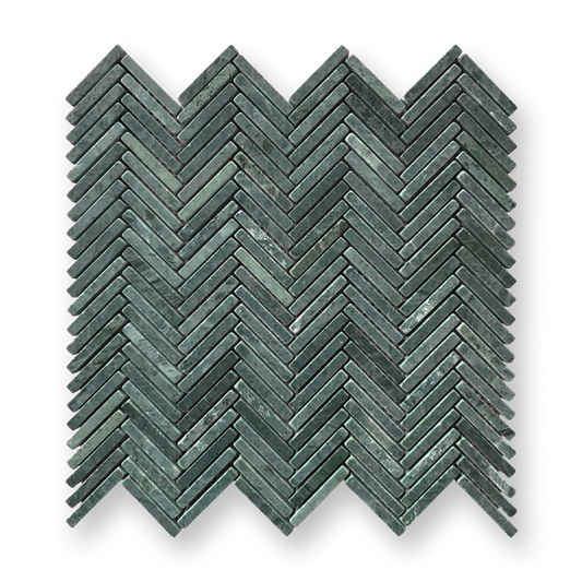 Clovelly Taj Green Quartzite Herringbone Mini Mosaic Tile — Green, Quartzite, Stone