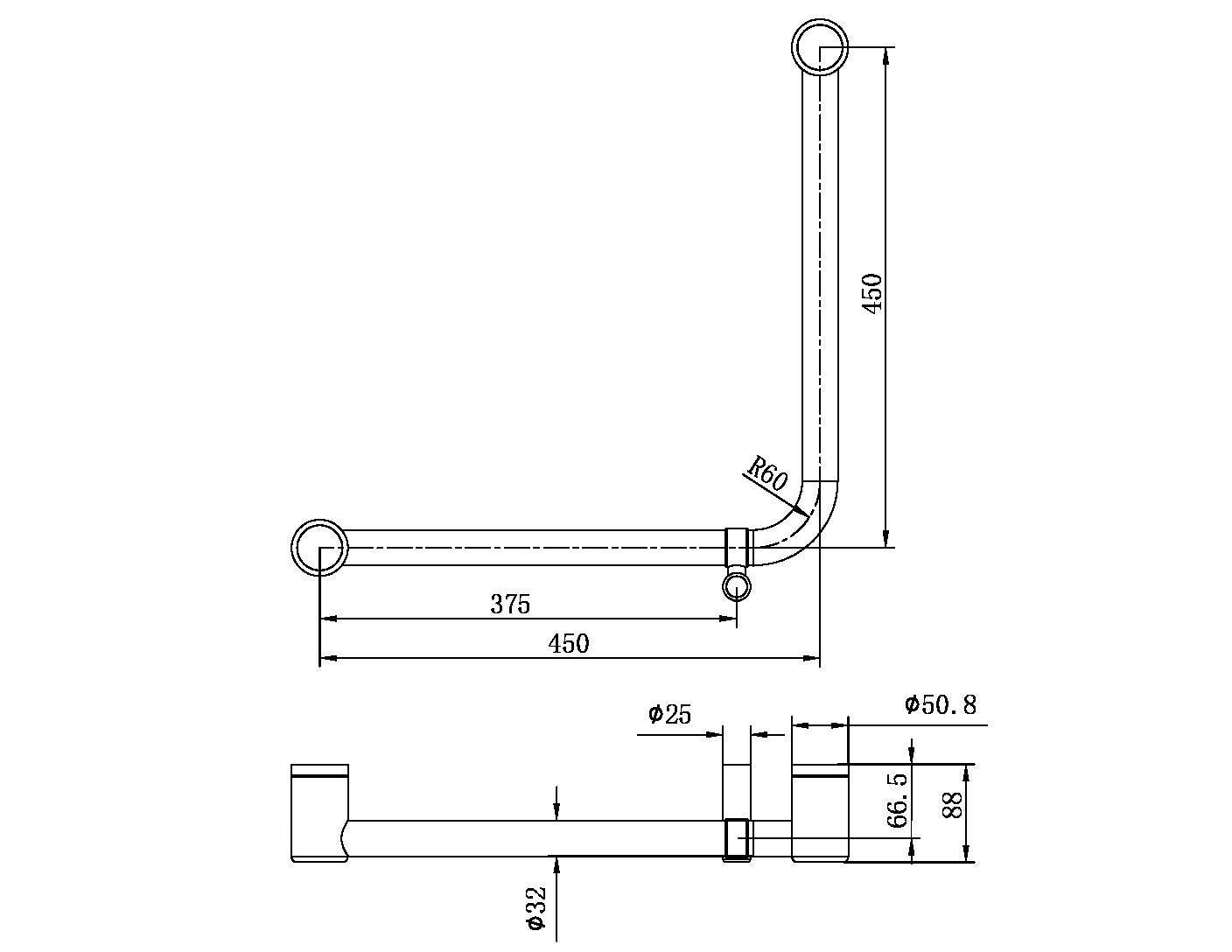 MECCA CARE 32MM AMBULANT 90 DEGREE BENT TUBE GRAB RAIL 450X450MM CHROME