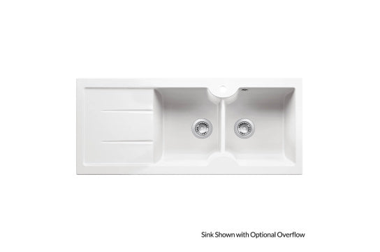 Cuisine 116 x 50 Inset / Undermount Fine Fireclay Gloss White Sink - Double Bowl and Single Drainer