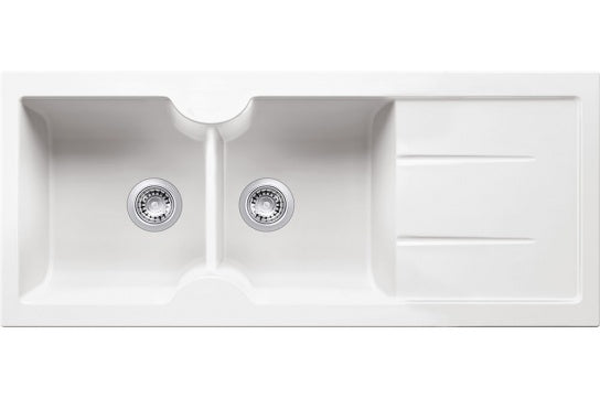 Cuisine 116 x 50 Inset / Undermount Fine Fireclay Gloss White Sink - Double Bowl and Single Drainer