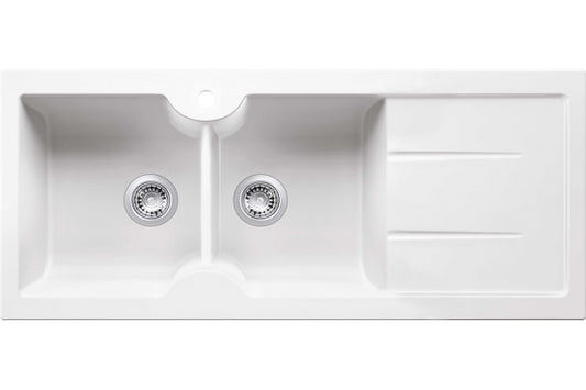 Cuisine 116 x 50 Inset / Undermount Fine Fireclay Gloss White Sink - Double Bowl and Single Drainer