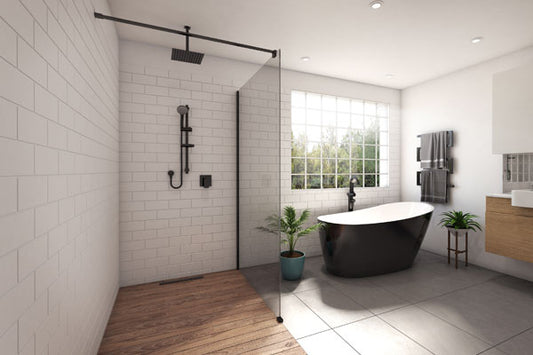 M-Series 860/960/1160 Wall Fixed Panel – Tinted glass/black fittings