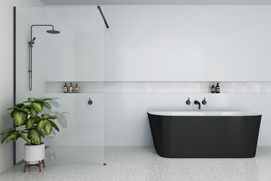 M-Series 860/960/1160 Wall Fixed Panel – Clear glass/black fittings