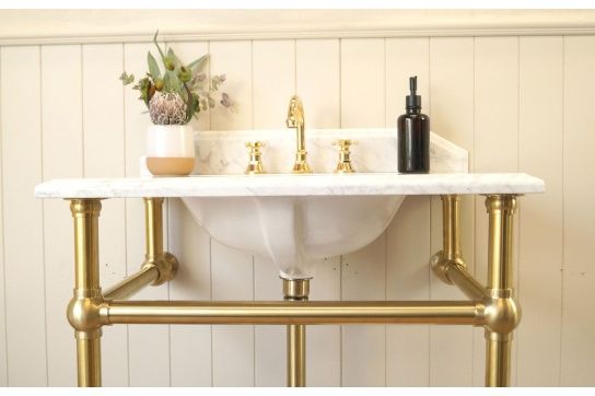 Mayer Basin Stand With 75 x 55 Real Carrara Marble Top - Brushed Brass — Gold & Brass, Freestanding