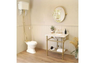 Mayer Basin Stand With 75 x 55 Real Carrara Marble Top - Brushed Brass — Gold & Brass, Freestanding