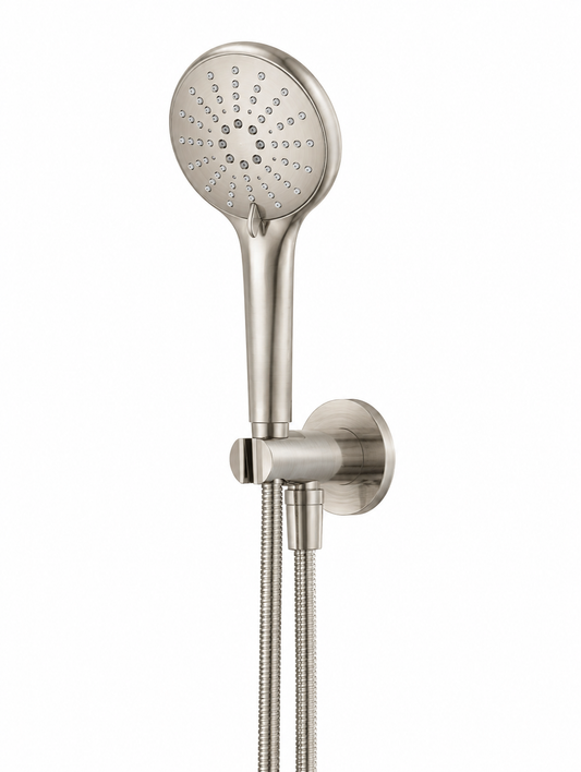 Round Three Function Hand Shower on Fixed Bracket — PVD Brushed Nickel, Brushed Nickel, Hand Held Showers