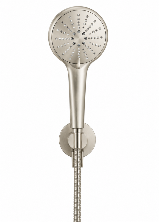 Round Three Function Hand Shower on Fixed Bracket — PVD Brushed Nickel, Brushed Nickel, Hand Held Showers