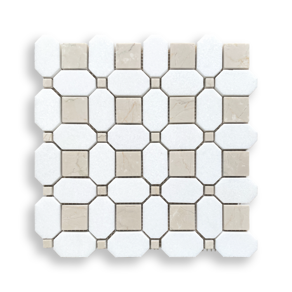 Pambula Botticino and Thassos Mix Limestone Octagon Mosaic Tile — White, Limestone and Marble, Stone