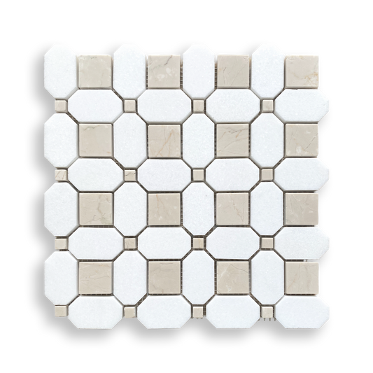 Pambula Botticino and Thassos Mix Limestone Octagon Mosaic Tile — White, Limestone and Marble, Stone