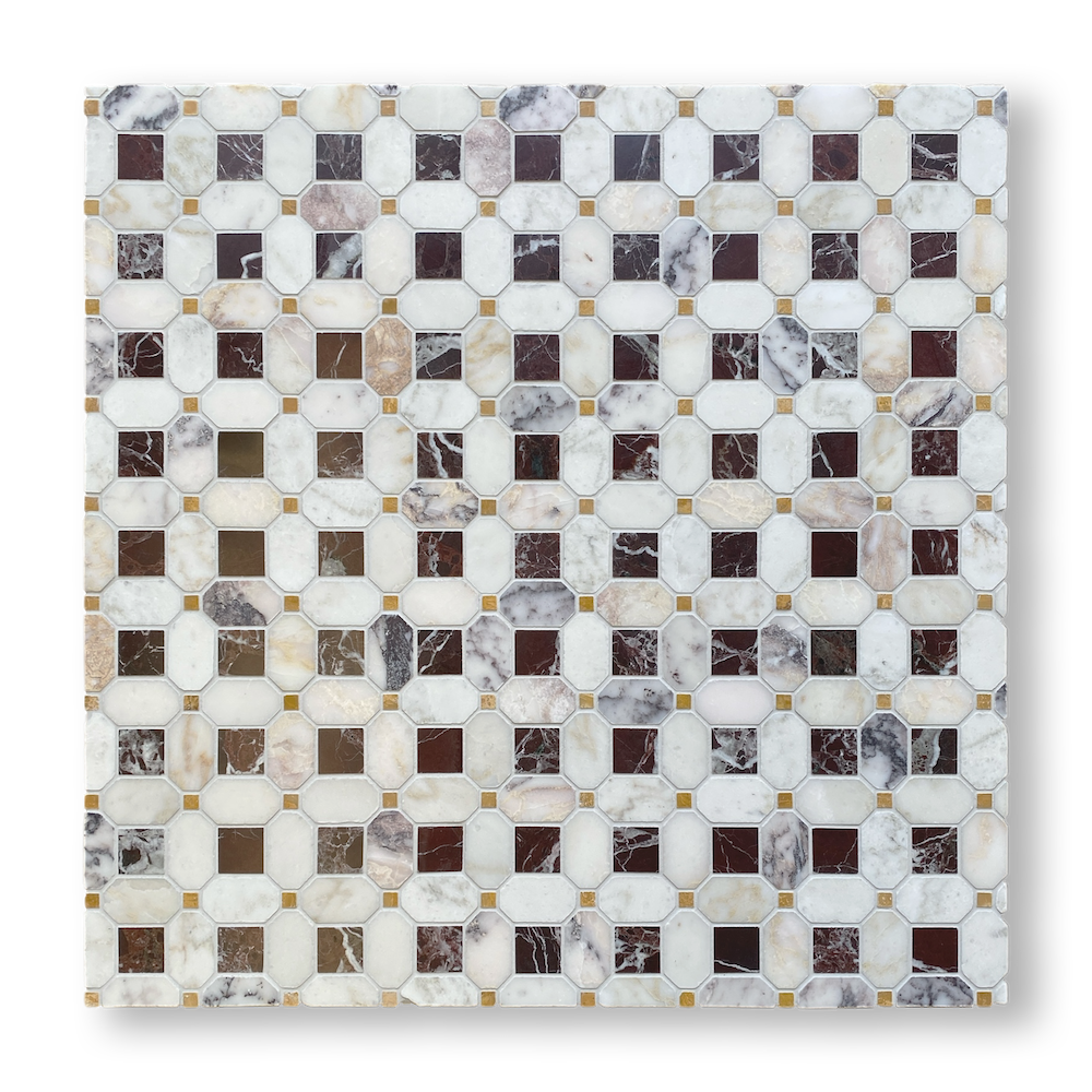 Pambula Rosso Levanto, Viola Oro and Giallo Mix Natural Stone Octagon Mosaic Tile — Red and White, Marble and Limestone, Stone