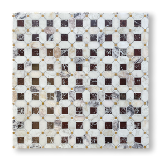 Pambula Rosso Levanto, Viola Oro and Giallo Mix Natural Stone Octagon Mosaic Tile — Red and White, Marble and Limestone, Stone
