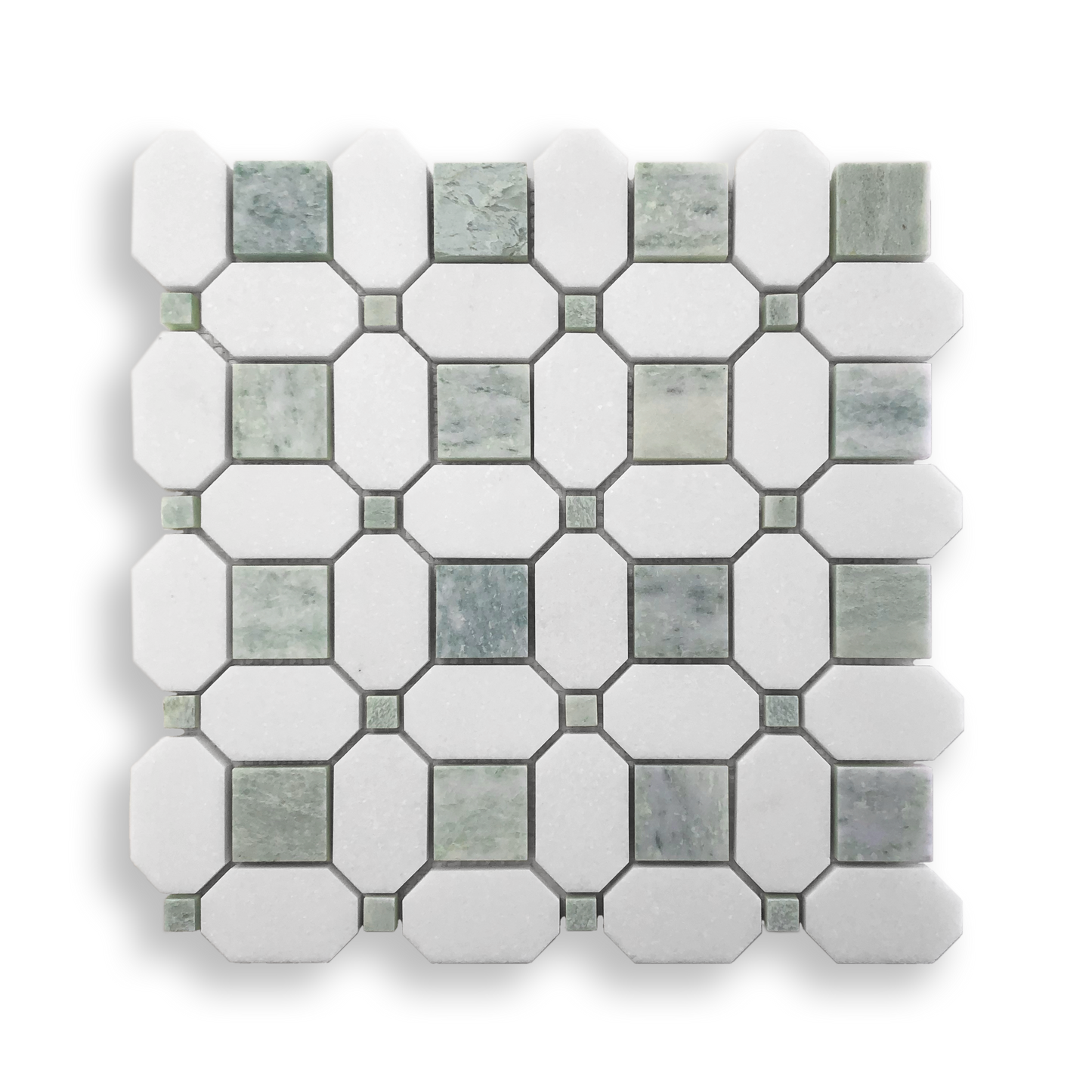 Pambula Verdi Cristallo and Thassos Natural Stone Octagon Mosaic Tile — Green and White, Stone