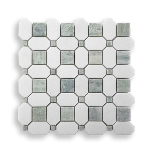 Pambula Verdi Cristallo and Thassos Natural Stone Octagon Mosaic Tile — Green and White, Stone