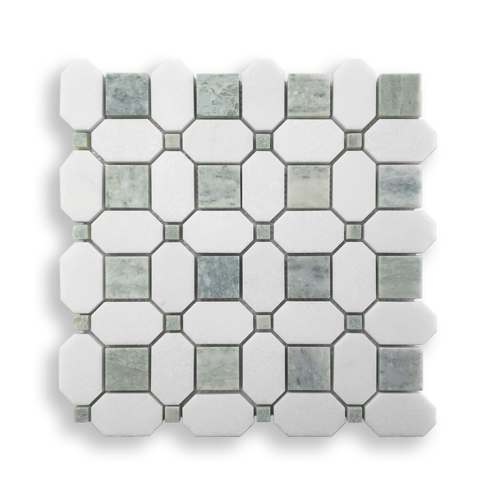 Pambula Verdi Cristallo and Thassos Natural Stone Octagon Mosaic Tile — Green and White, Stone