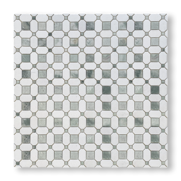 Pambula Verdi Cristallo and Thassos Natural Stone Octagon Mosaic Tile — Green and White, Stone